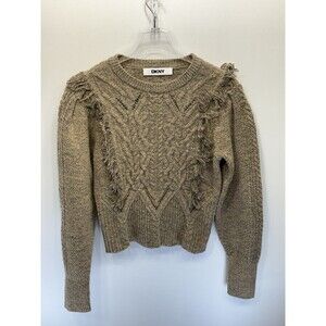 DKNY Small Fringed Cable Knit Sweater Wool Blend Truffle Heather SAR37 Sample